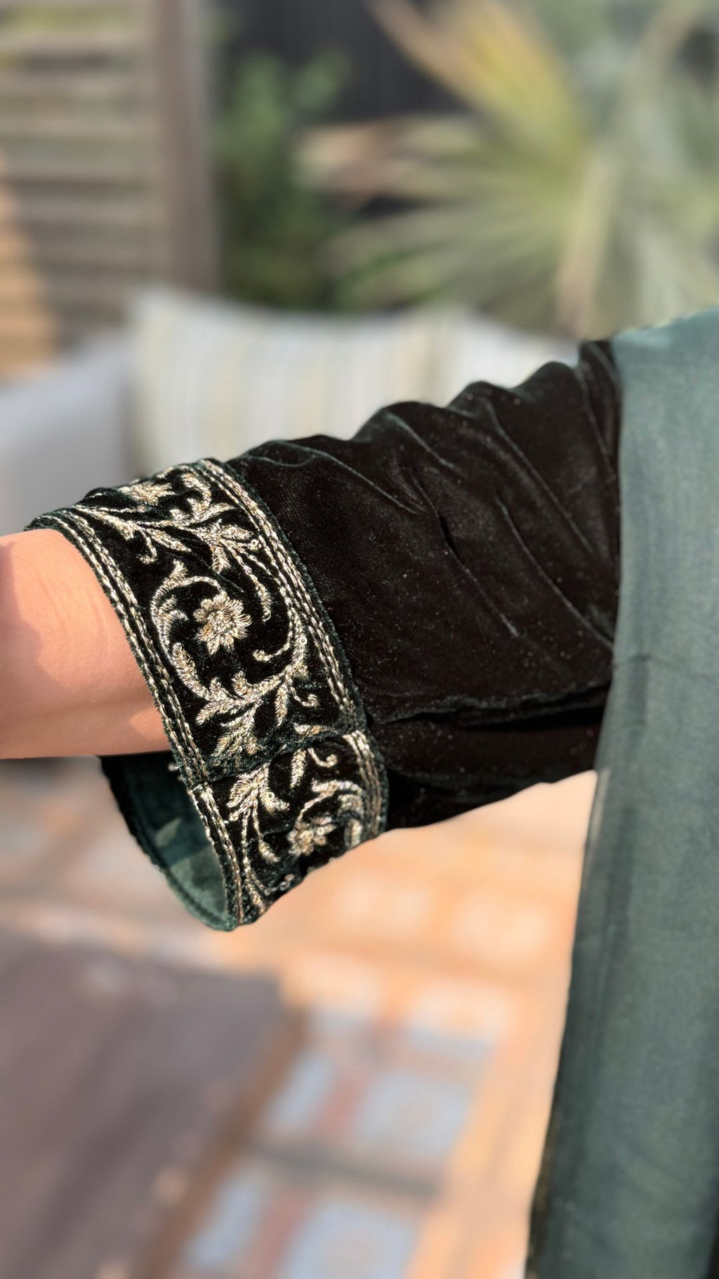 Dark Green Embroidered Velvet Shirt with Flared Palazzo and Dupatta