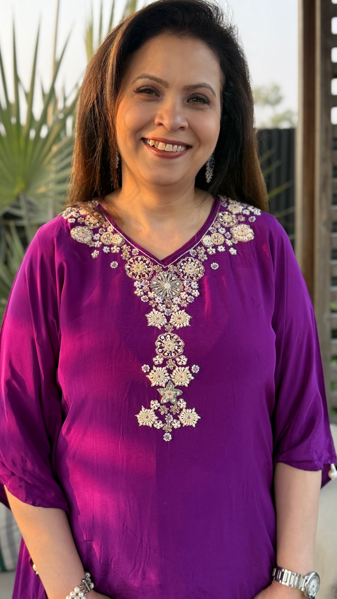 Purple Crepe Embroidered Kaftan with Farshi Salwar