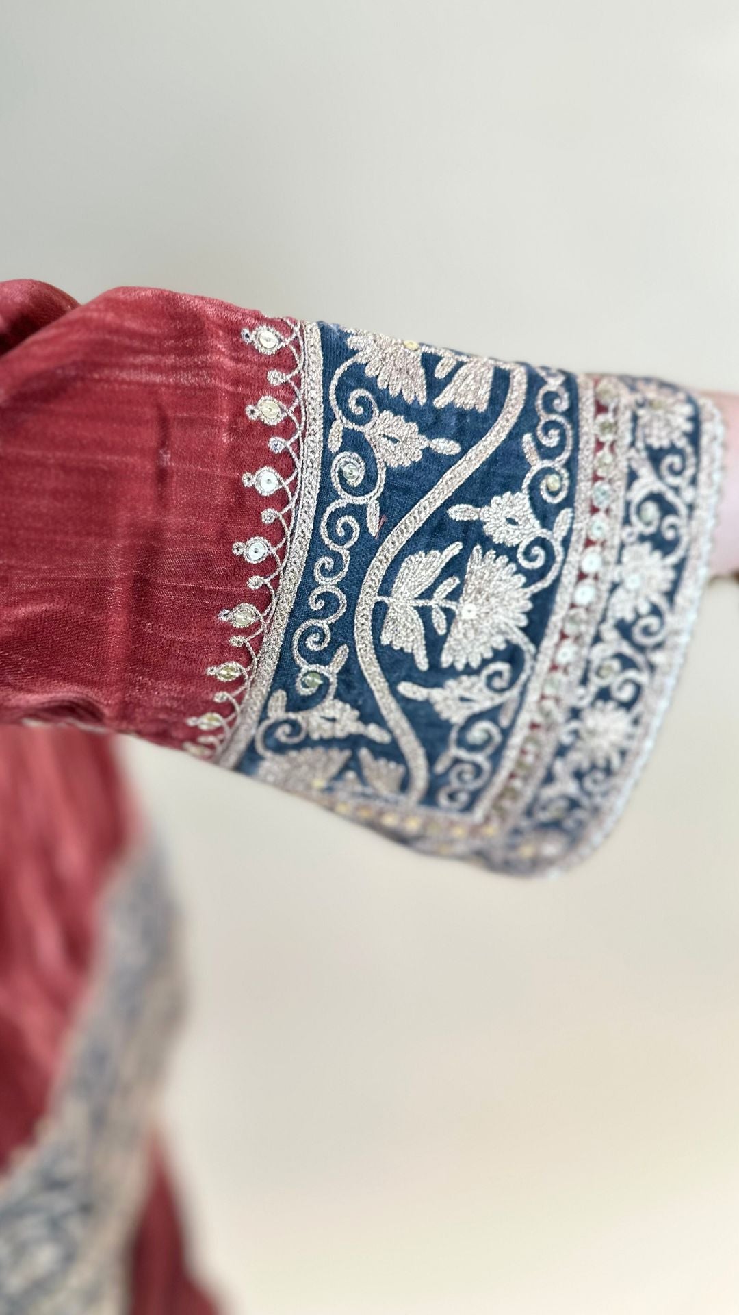 Carrot Red Wrinkled Velvet Embroidered Top with Salwar