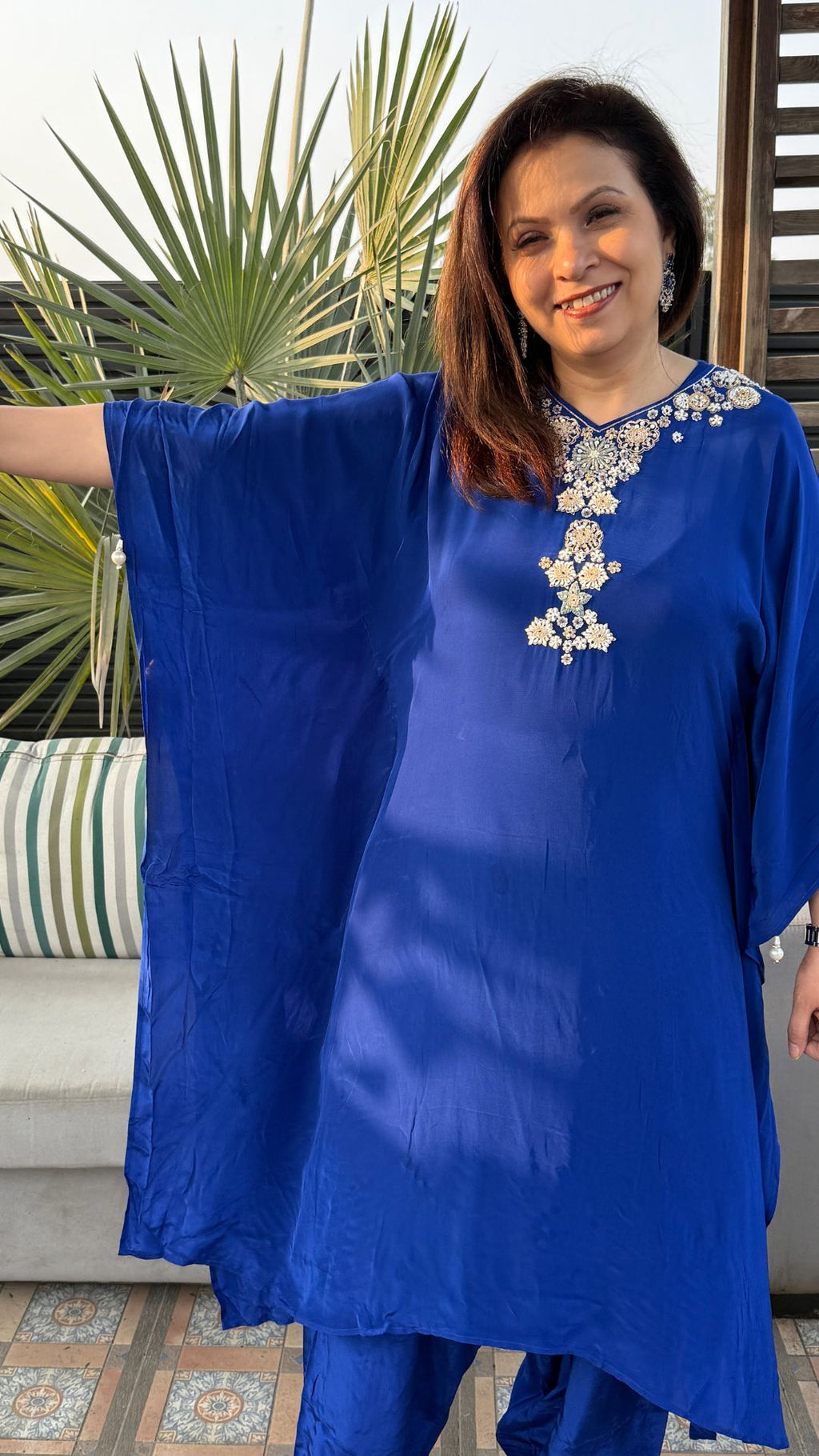 Blue Crepe Embroidered Kaftan with Farshi Salwar