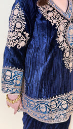 Navy Blue Wrinkled Velvet Embroidered Top with Salwar