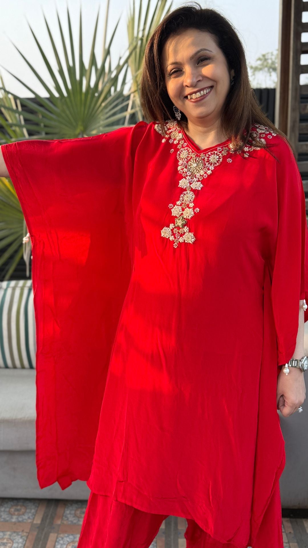 Red Crepe Embroidered Kaftan with Farshi Salwar