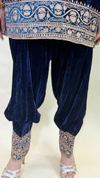 Navy Blue Wrinkled Velvet Embroidered Top with Salwar