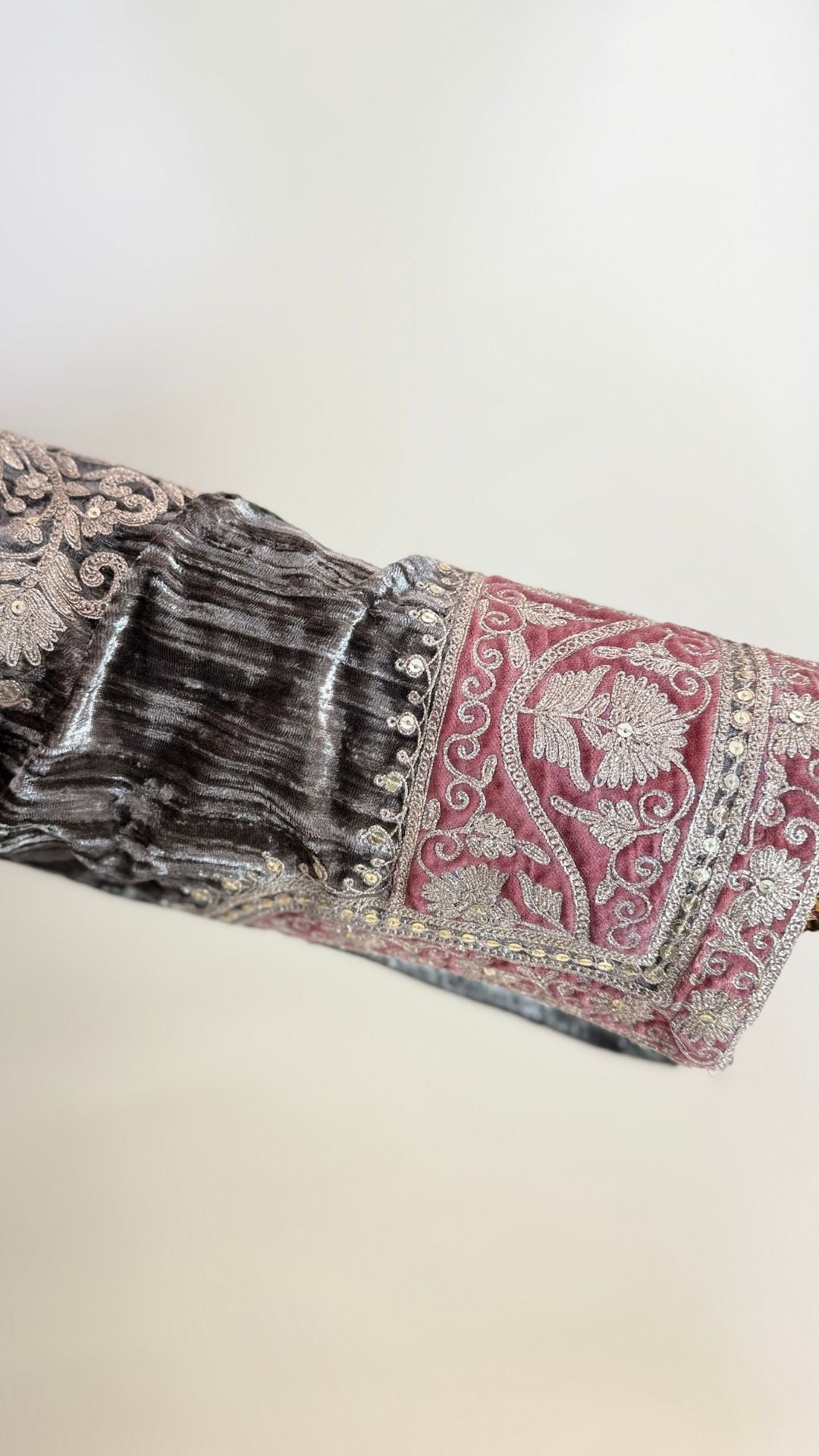 Brown Wrinkled Velvet Embroidered Top with Salwar