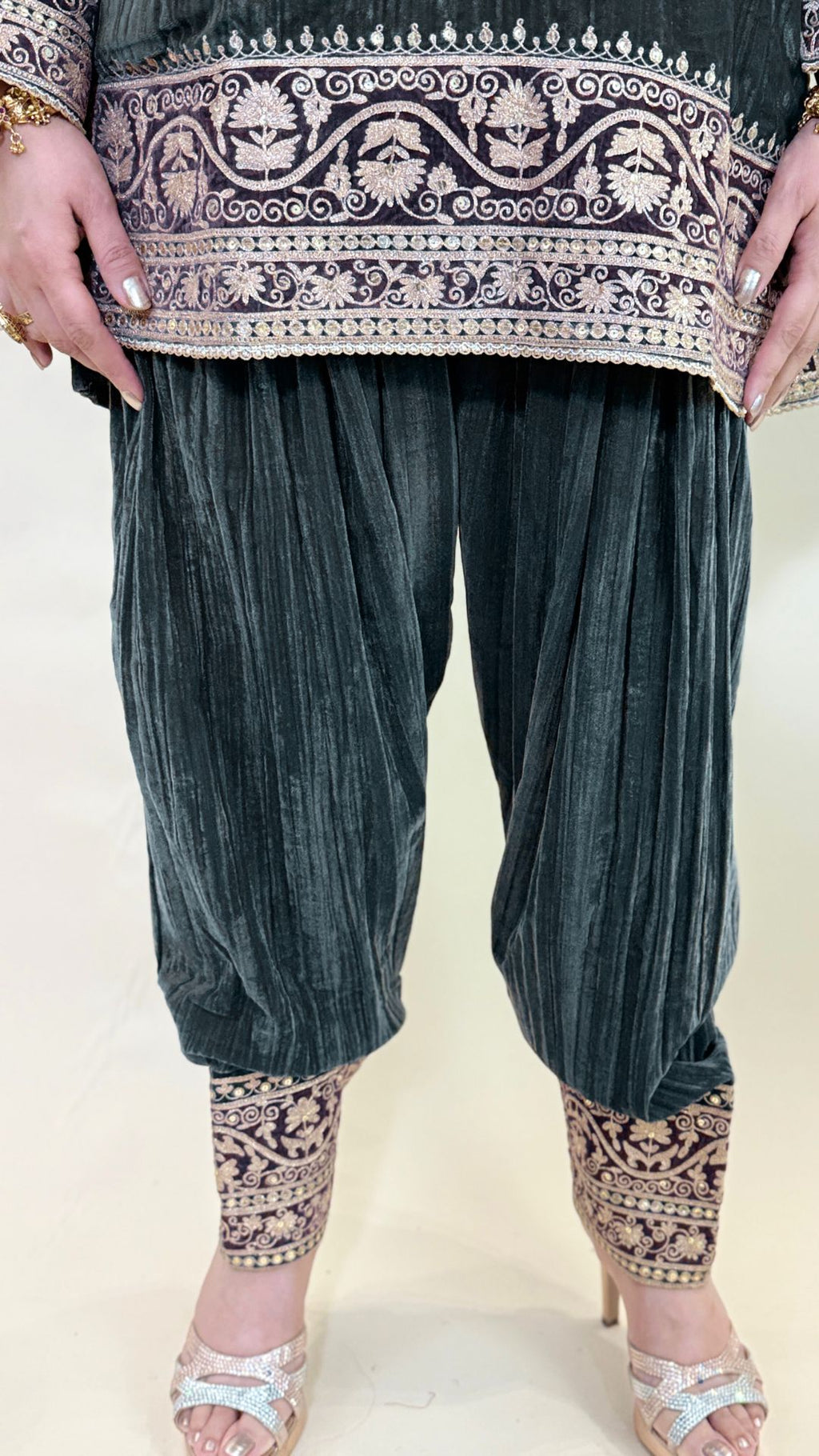 Charcoal Blue Wrinkled Velvet Embroidered Top with Salwar