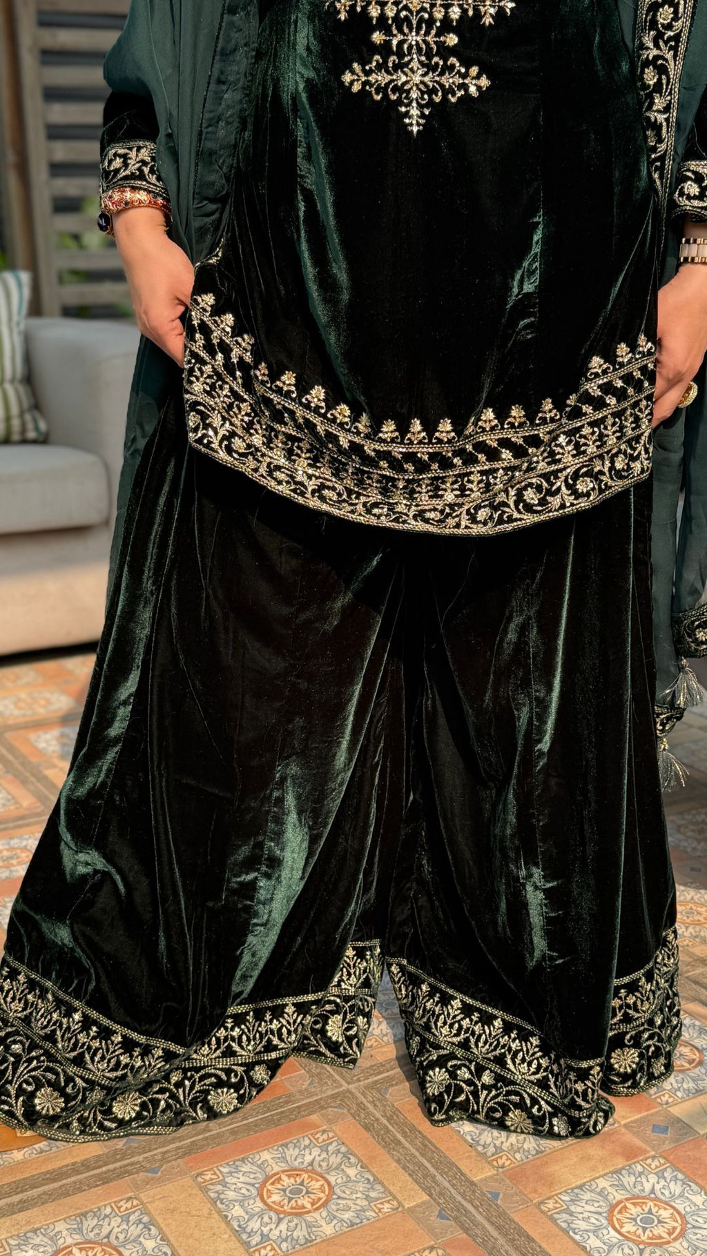 Dark Green Embroidered Velvet Shirt with Flared Palazzo and Dupatta