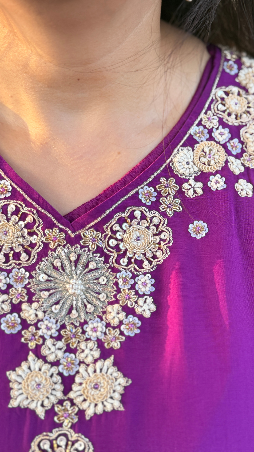 Purple Crepe Embroidered Kaftan with Farshi Salwar