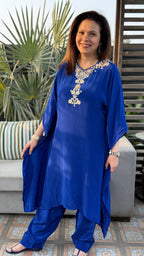Blue Crepe Embroidered Kaftan with Farshi Salwar