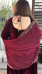 Maroon Embroidered Velvet Shirt with Flared Palazzo and Dupatta