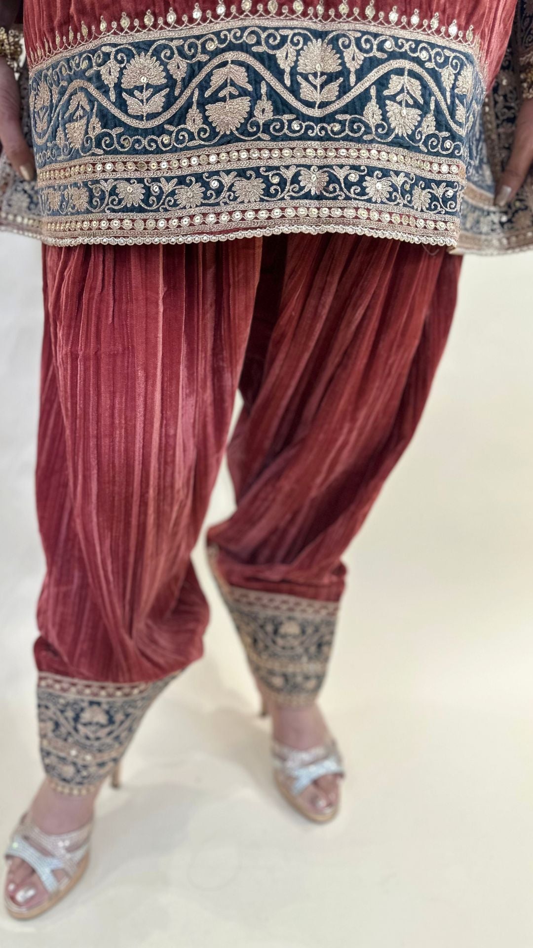 Carrot Red Wrinkled Velvet Embroidered Top with Salwar