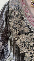 Brown Wrinkled Velvet Embroidered Top with Salwar