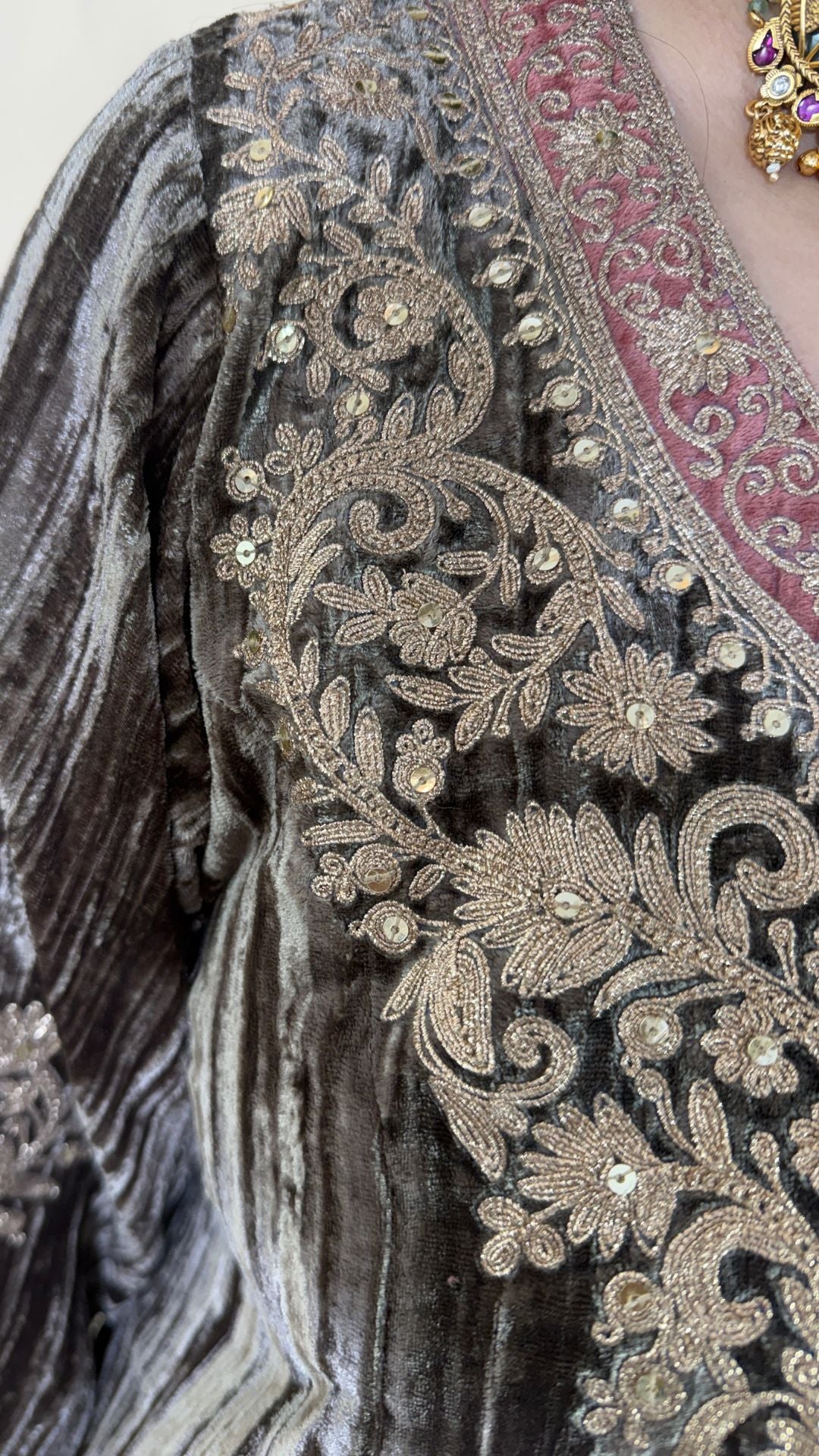 Brown Wrinkled Velvet Embroidered Top with Salwar