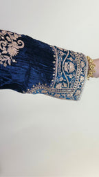 Navy Blue Wrinkled Velvet Embroidered Top with Salwar