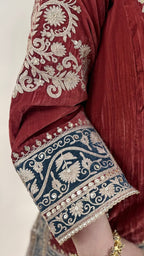 Carrot Red Wrinkled Velvet Embroidered Top with Salwar