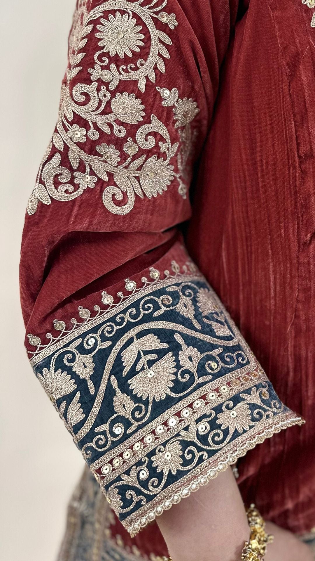 Carrot Red Wrinkled Velvet Embroidered Top with Salwar