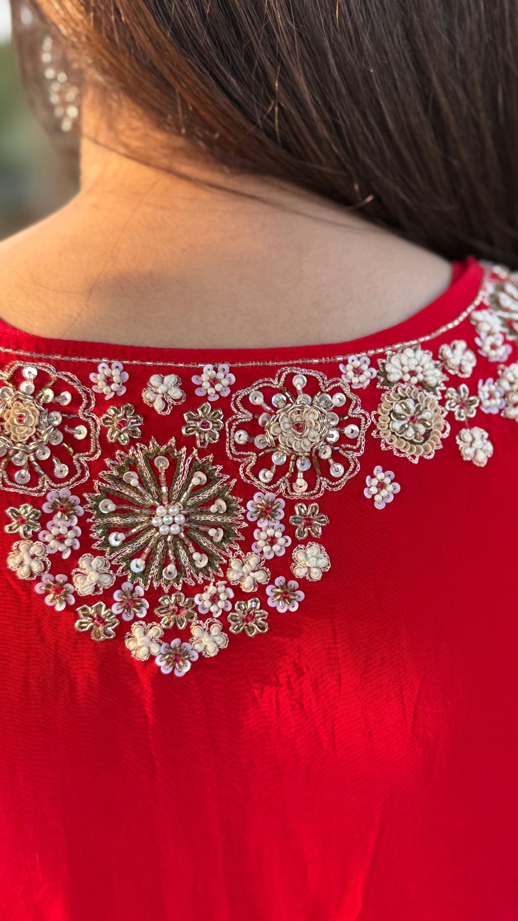 Red Crepe Embroidered Kaftan with Farshi Salwar