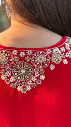 Red Crepe Embroidered Kaftan with Farshi Salwar