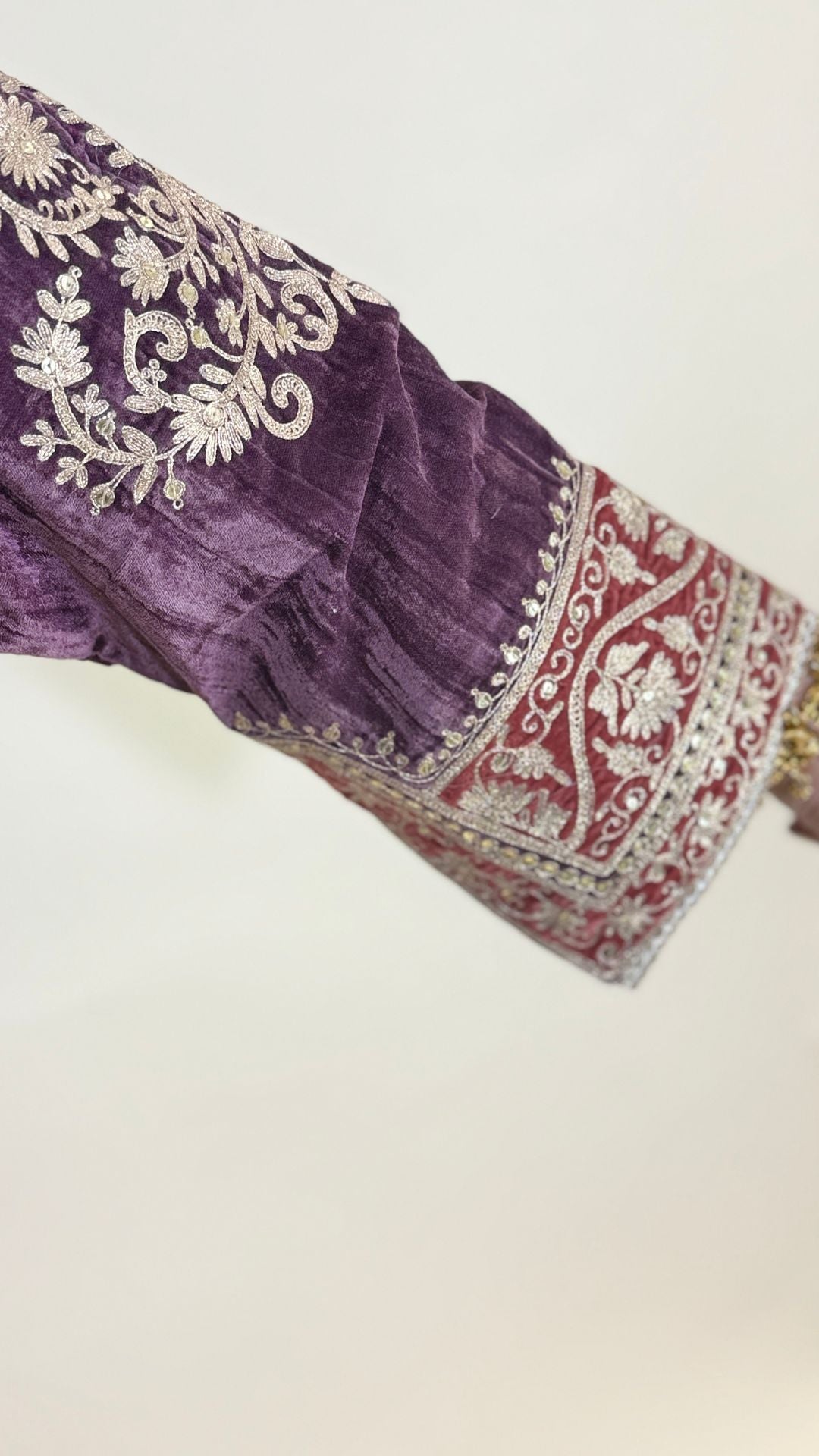 Plum Purple Wrinkled Velvet Embroidered Top with Salwar
