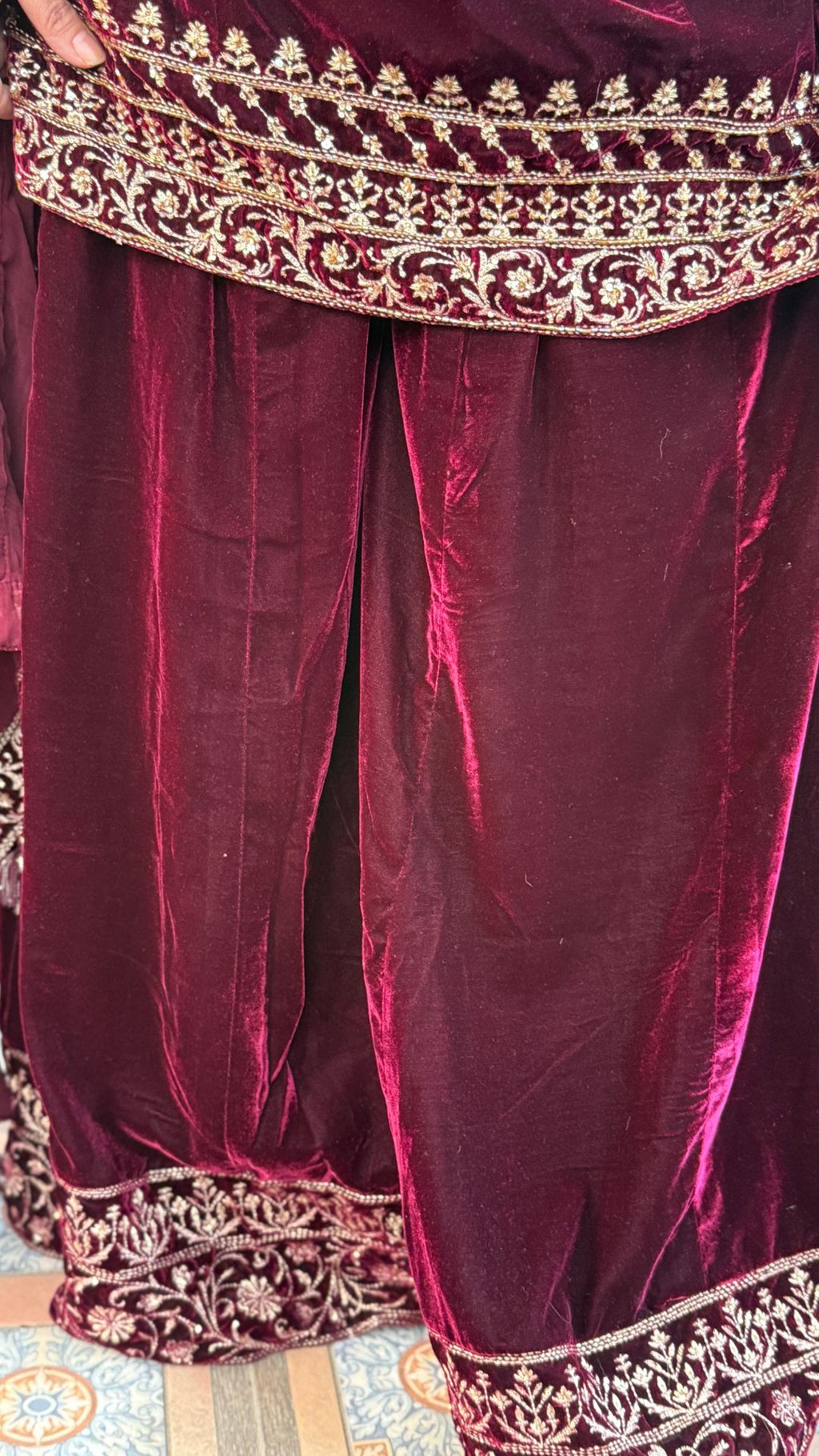 Maroon Embroidered Velvet Shirt with Flared Palazzo and Dupatta