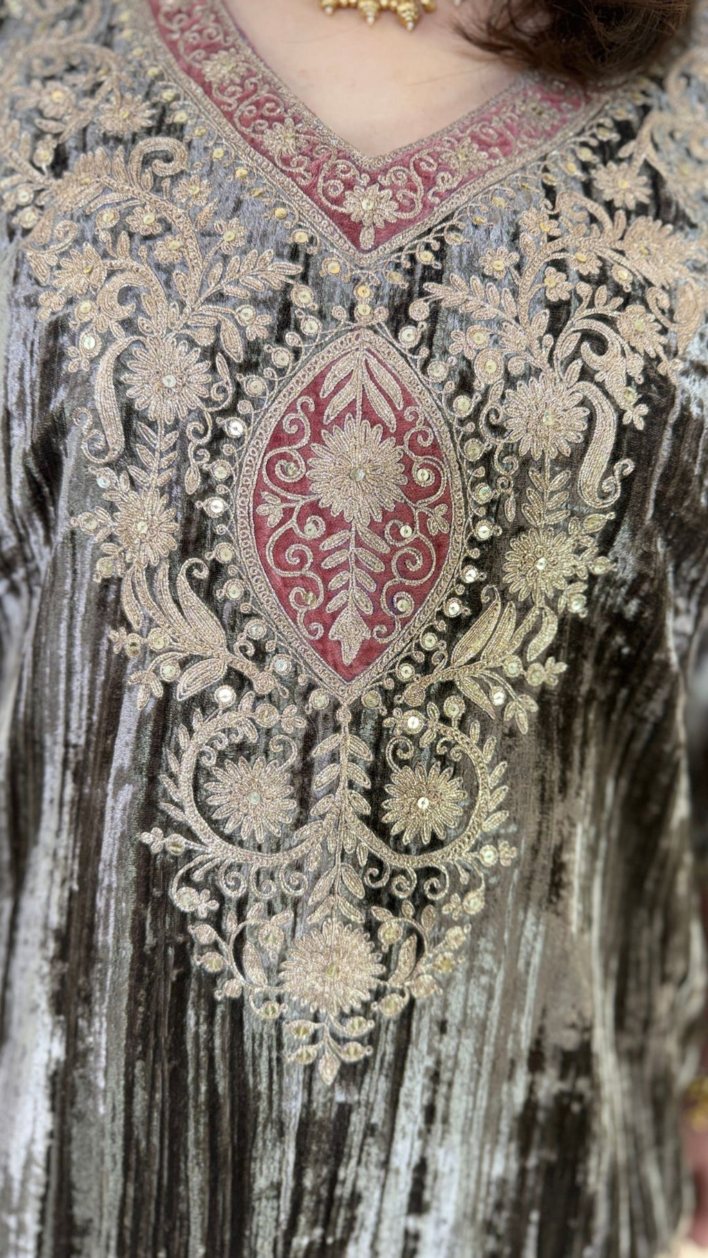 Brown Wrinkled Velvet Embroidered Top with Salwar